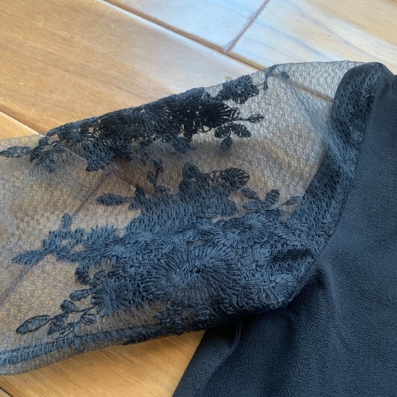 🦋 NEW Embroidered Mesh Flounce Sleeve All Black Top Semi Sheer Sleeves Women XS - Picture 6 of 16